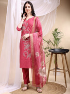 Embroidered Kurta With Pant & Printed Dupatta, Pink - Hiral Fashion | Grocsy