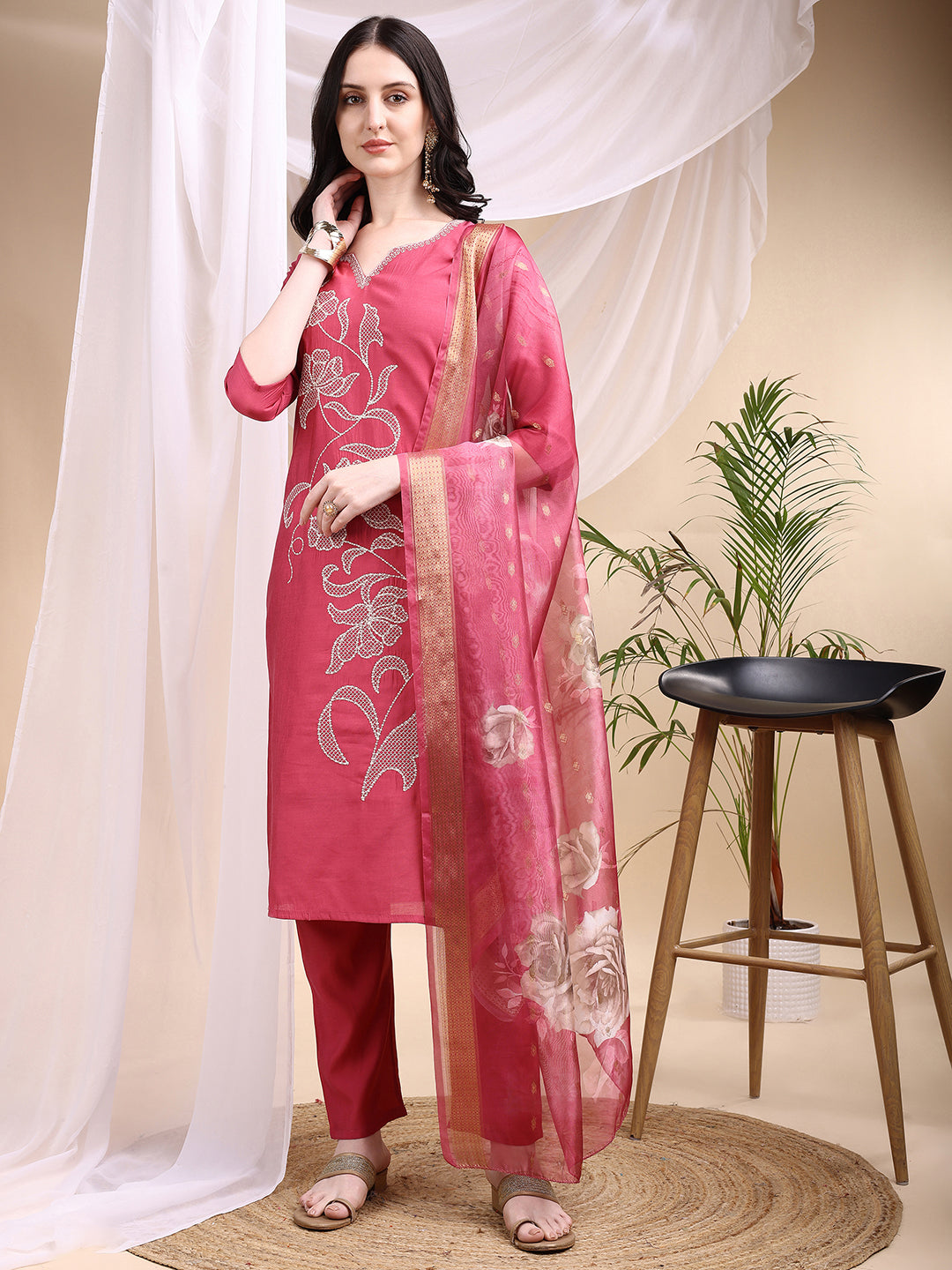 Embroidered Kurta With Pant & Printed Dupatta, Pink - Hiral Fashion | Grocsy