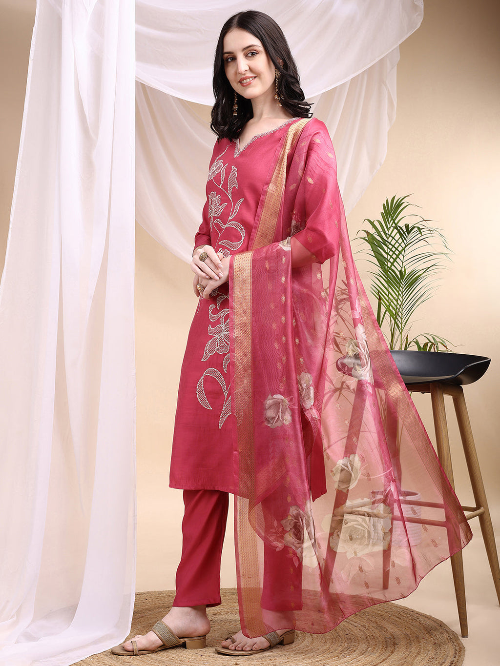 Embroidered Kurta With Pant & Printed Dupatta, Pink - Hiral Fashion | Grocsy