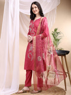 Embroidered Kurta With Pant & Printed Dupatta, Pink - Hiral Fashion | Grocsy