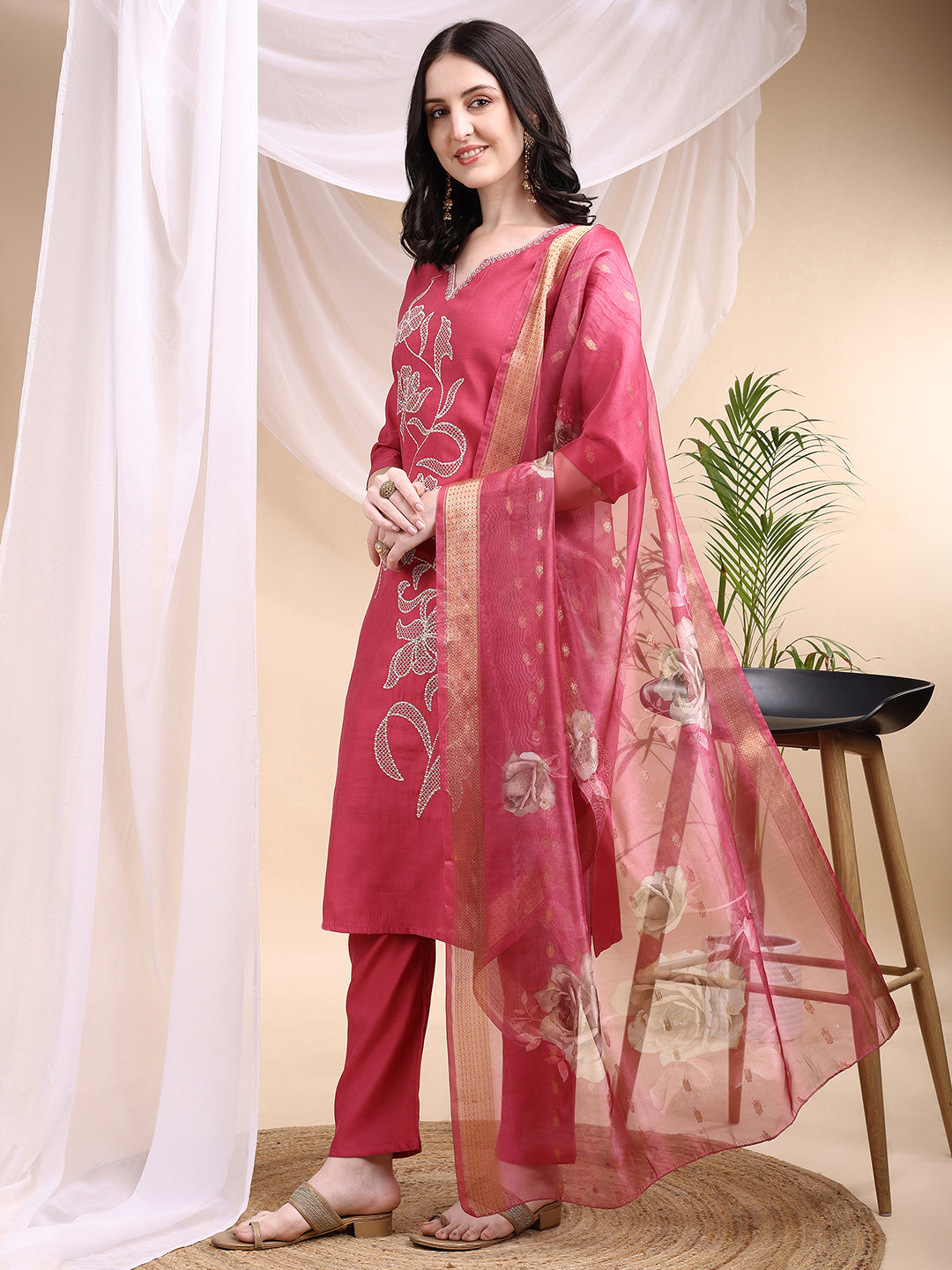 Embroidered Kurta With Pant & Printed Dupatta, Pink - Hiral Fashion | Grocsy