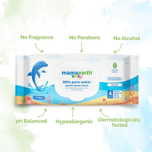 Mamaearth Baby 99% Pure Water Gentle Towel Wipes | Grocsy