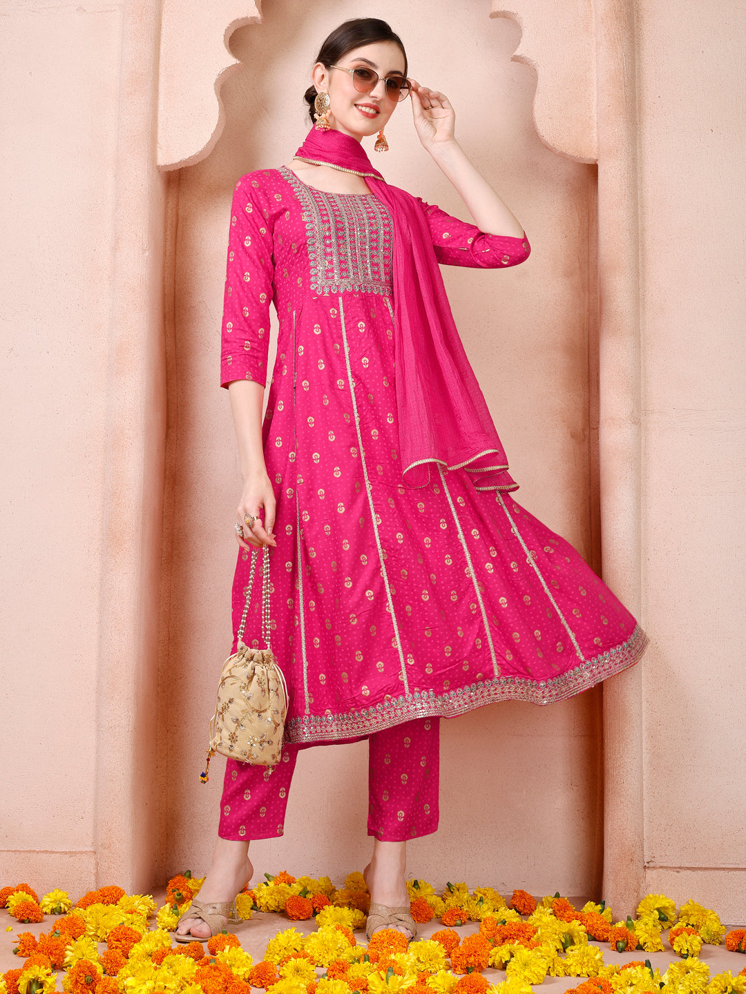 Nayra Cut Embroidered Kurta With Pant And Dupatta Set, Multicolor - Hiral Fashion | Grocsy