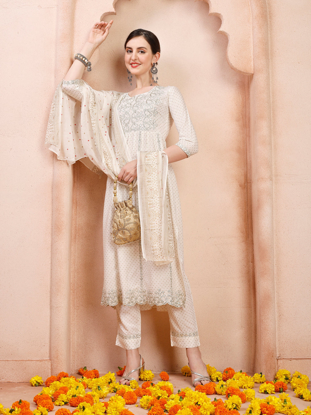 Nayra Cut Embroidered Kurta With Pant And Dupatta Set, Multicolor - Hiral Fashion | Grocsy