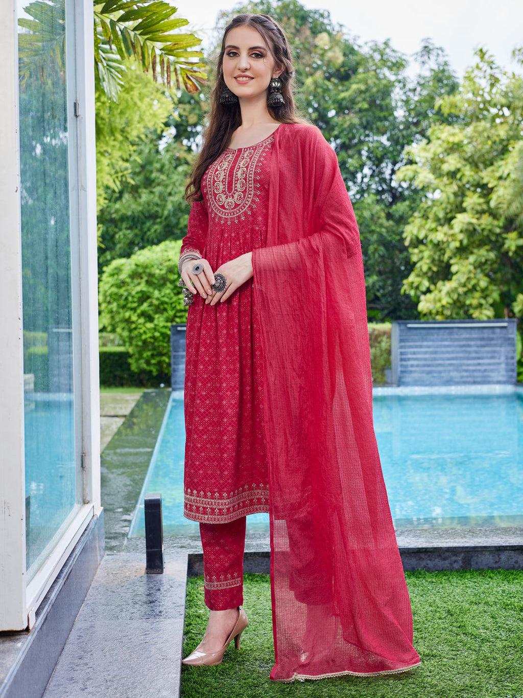 Embroidered Kurta With Pant And Dupatta Set, Multicolor - Hiral Fashion | Grocsy