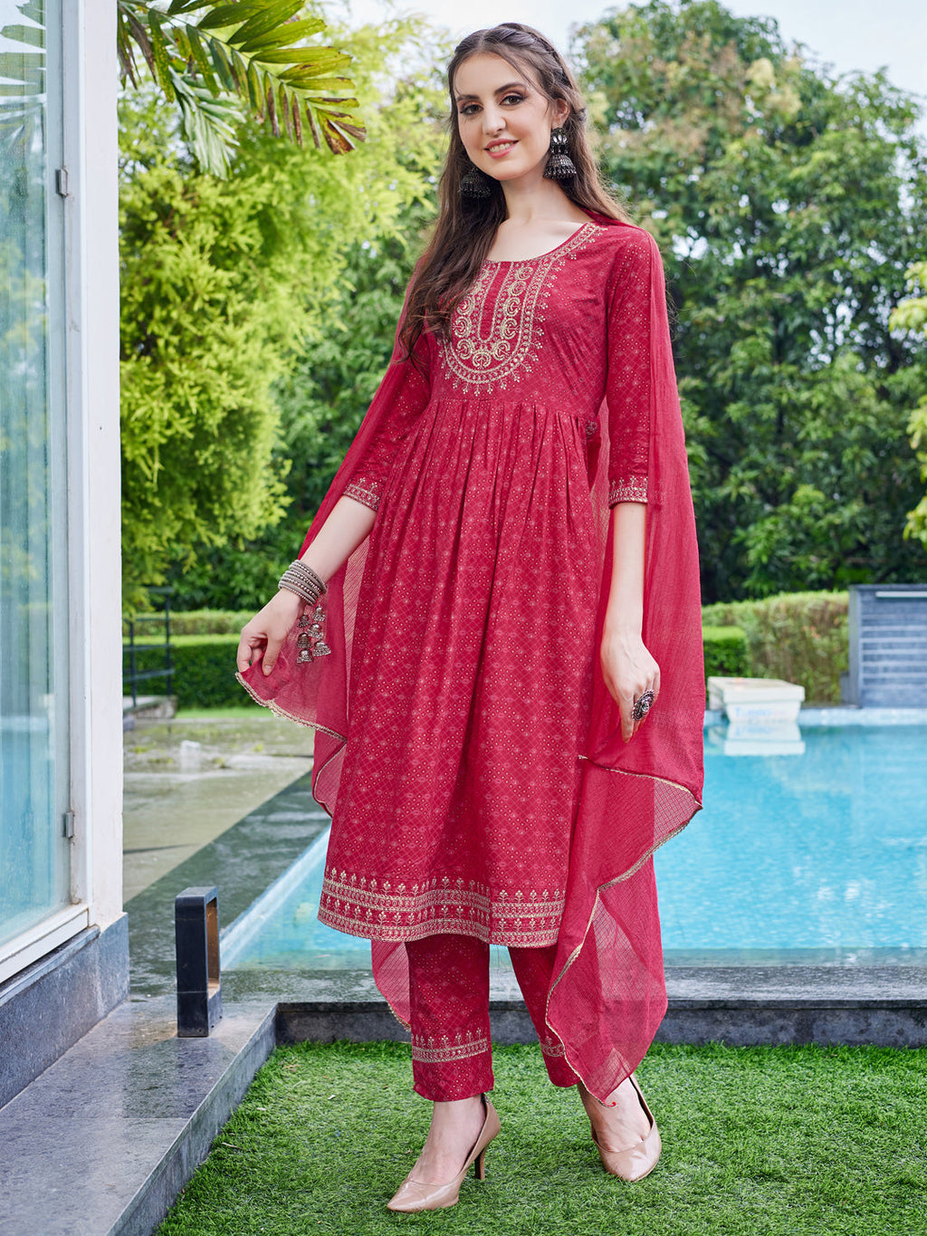 Embroidered Kurta With Pant And Dupatta Set, Multicolor - Hiral Fashion | Grocsy