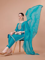Printed & Embroidered Kurta With Pant And Dupatta Set, Multicolor - Hiral Fashion | Grocsy