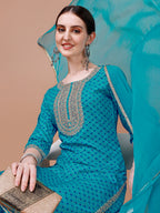 Printed & Embroidered Kurta With Pant And Dupatta Set, Multicolor - Hiral Fashion | Grocsy