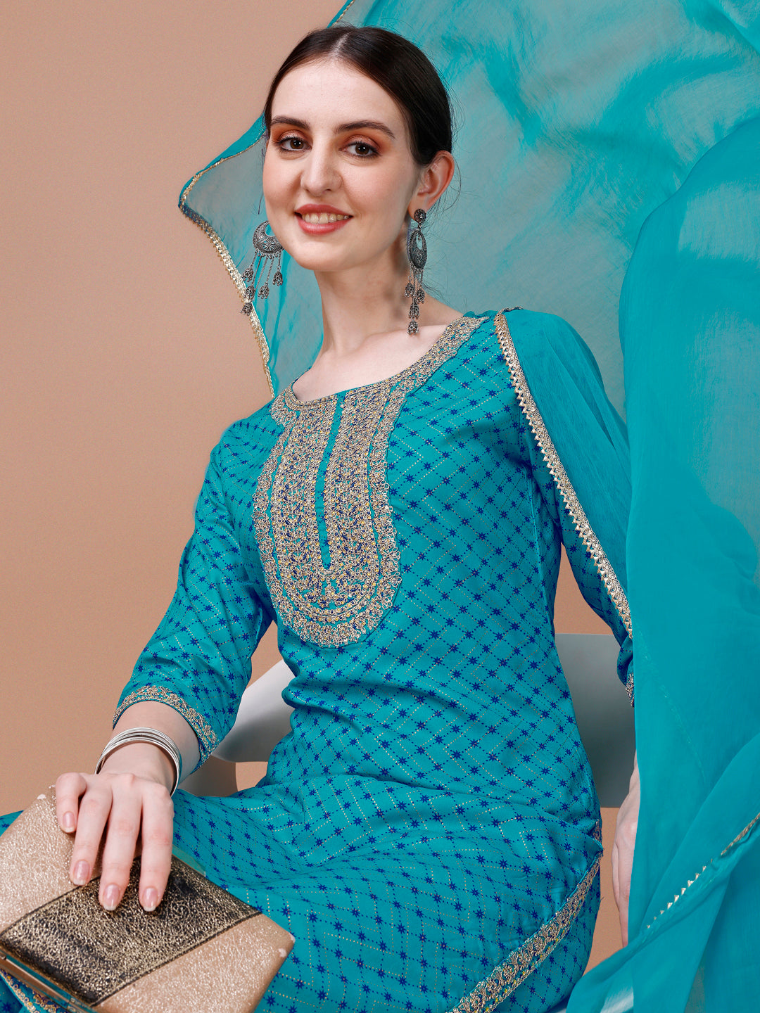 Printed & Embroidered Kurta With Pant And Dupatta Set, Multicolor - Hiral Fashion | Grocsy