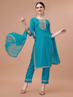 Printed & Embroidered Kurta With Pant And Dupatta Set, Multicolor - Hiral Fashion | Grocsy
