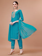 Printed & Embroidered Kurta With Pant And Dupatta Set, Multicolor - Hiral Fashion | Grocsy