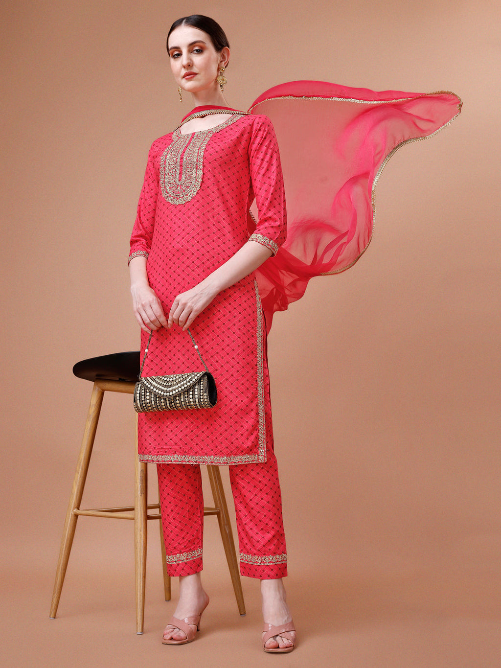 Printed & Embroidered Kurta With Pant And Dupatta Set, Multicolor - Hiral Fashion | Grocsy
