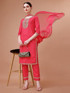 Printed & Embroidered Kurta With Pant And Dupatta Set, Multicolor - Hiral Fashion | Grocsy