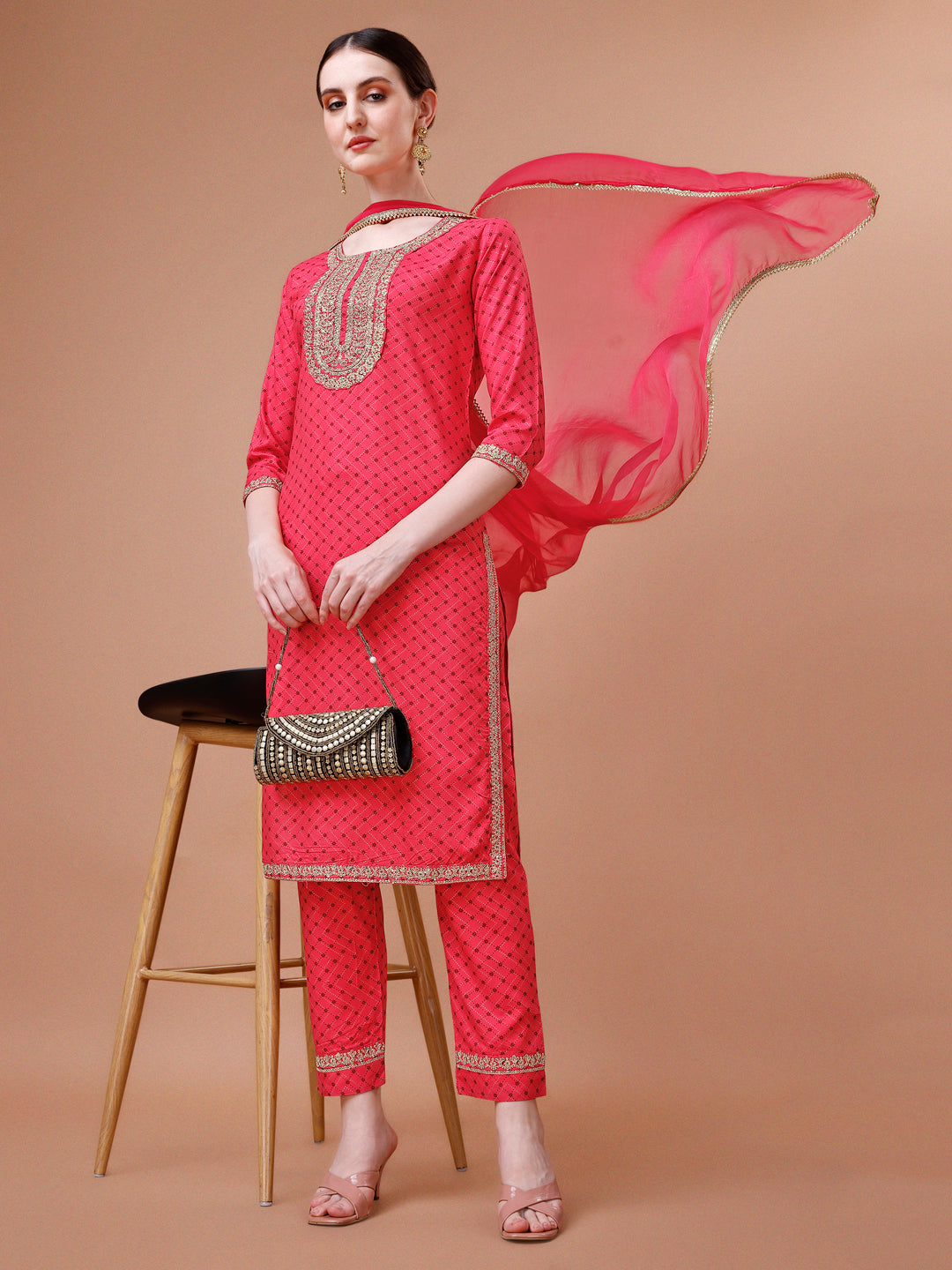 Printed & Embroidered Kurta With Pant And Dupatta Set, Multicolor - Hiral Fashion | Grocsy