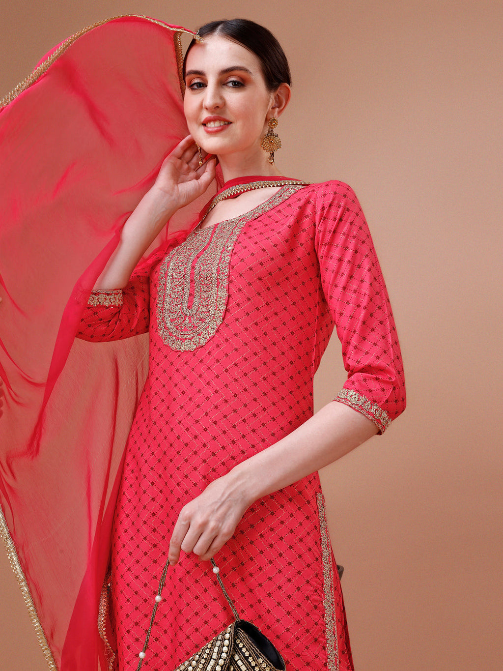 Printed & Embroidered Kurta With Pant And Dupatta Set, Multicolor - Hiral Fashion | Grocsy