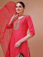 Printed & Embroidered Kurta With Pant And Dupatta Set, Multicolor - Hiral Fashion | Grocsy