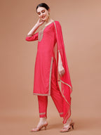 Printed & Embroidered Kurta With Pant And Dupatta Set, Multicolor - Hiral Fashion | Grocsy