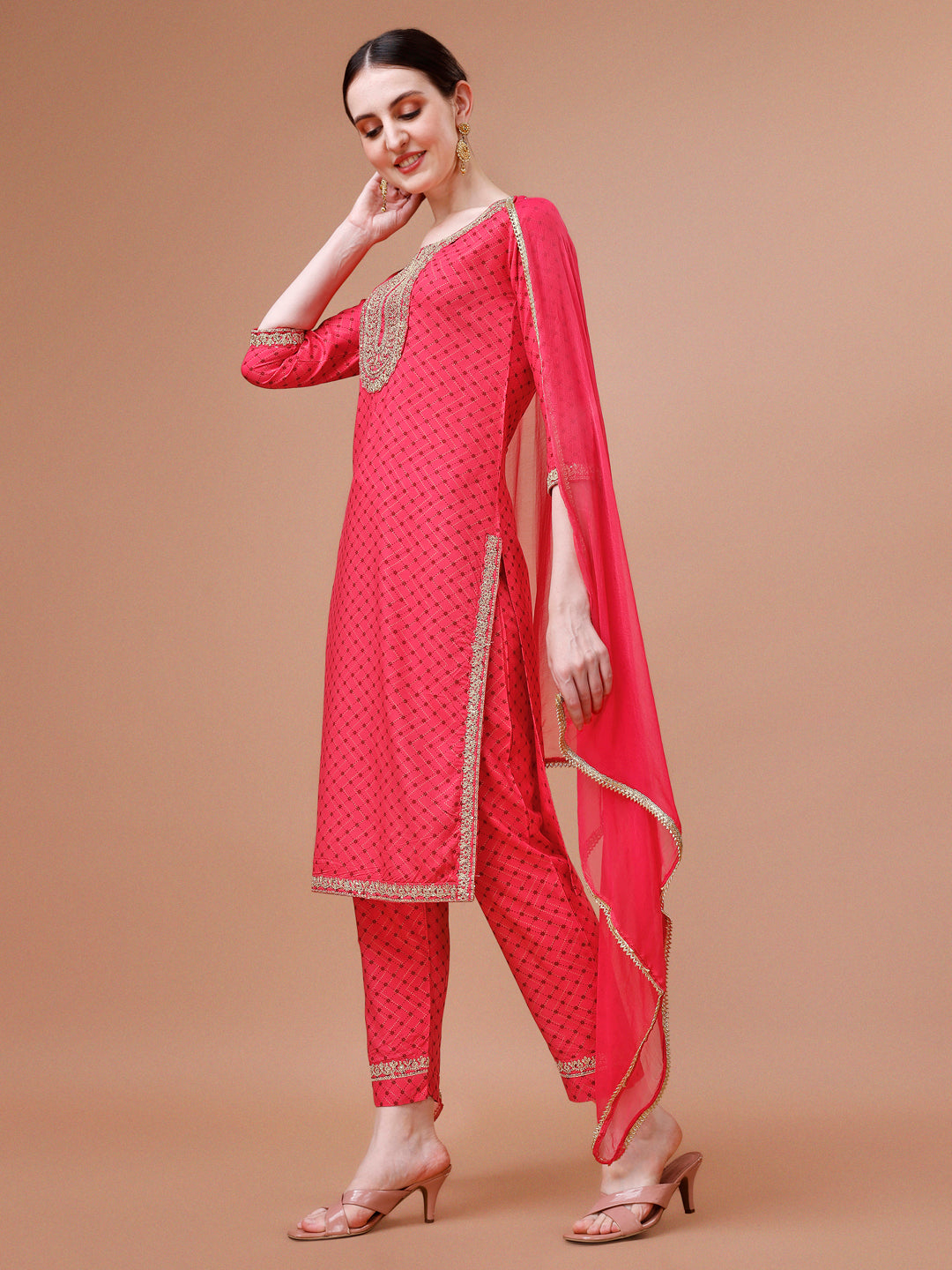 Printed & Embroidered Kurta With Pant And Dupatta Set, Multicolor - Hiral Fashion | Grocsy