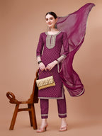 Printed & Embroidered Kurta With Pant And Dupatta Set, Multicolor - Hiral Fashion | Grocsy