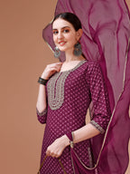 Printed & Embroidered Kurta With Pant And Dupatta Set, Multicolor - Hiral Fashion | Grocsy