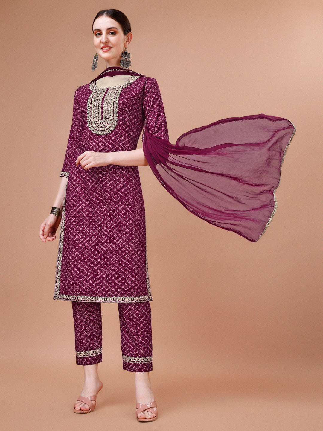 Printed & Embroidered Kurta With Pant And Dupatta Set, Multicolor - Hiral Fashion | Grocsy