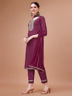 Printed & Embroidered Kurta With Pant And Dupatta Set, Multicolor - Hiral Fashion | Grocsy