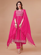 Nyra Cut Embroidered Rayon Kurta With Pant & Dupatta, Multicolor - Hiral Fashion | Grocsy
