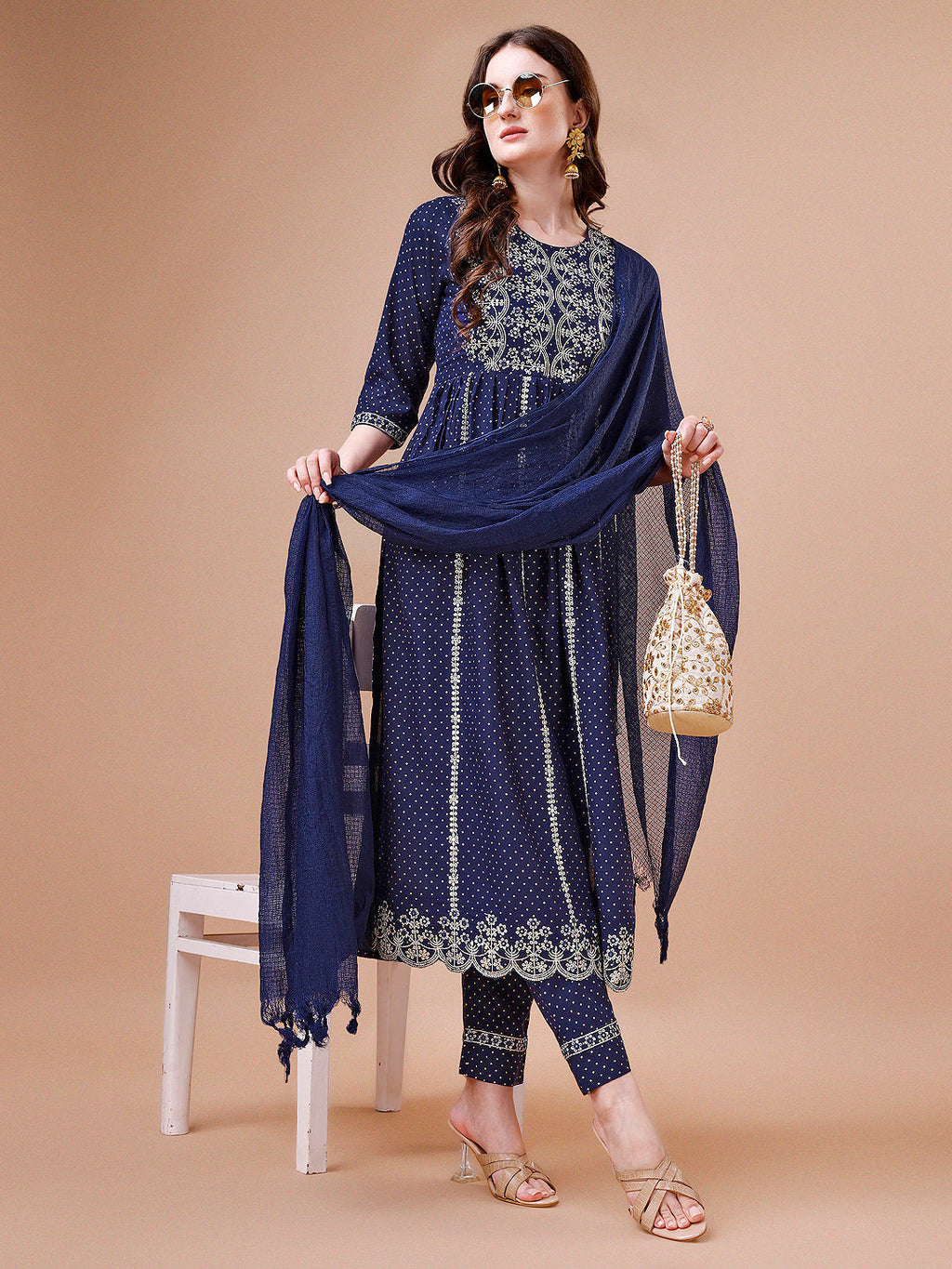 Nyra Cut Embroidered Rayon Kurta With Pant & Dupatta, Multicolor - Hiral Fashion | Grocsy