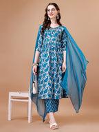 Embroidered Angrakha Style Printed & Flared Anarkali Kurta With Pant & Dupatta Set, Multicolor - Hiral Fashion | Grocsy