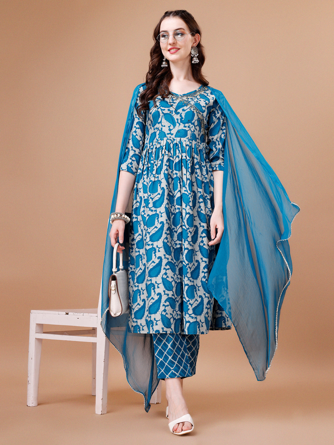 Embroidered Angrakha Style Printed & Flared Anarkali Kurta With Pant & Dupatta Set, Multicolor - Hiral Fashion | Grocsy