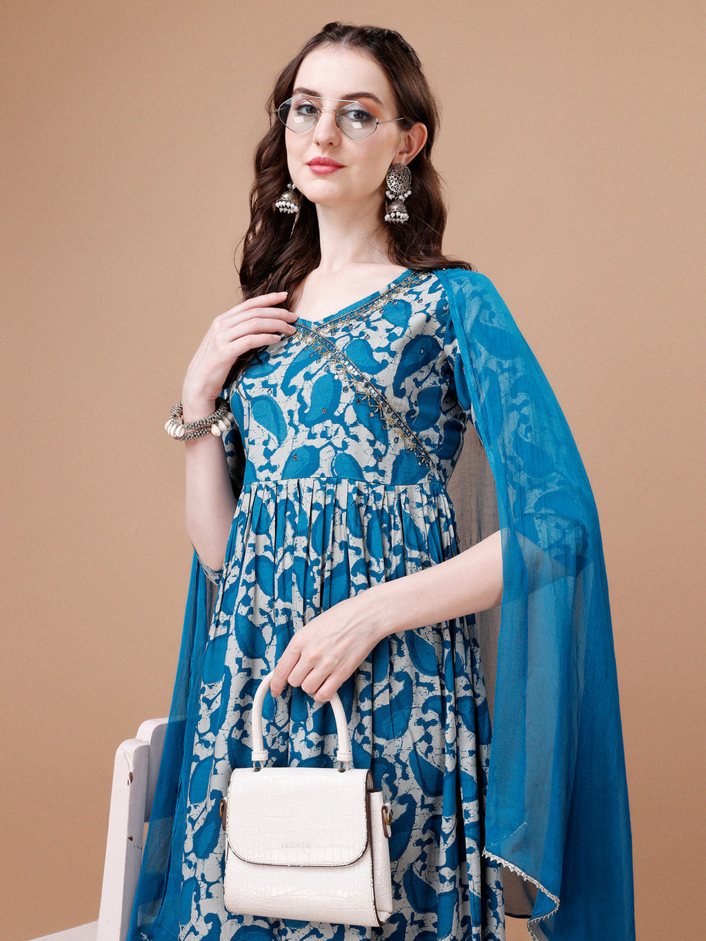 Embroidered Angrakha Style Printed & Flared Anarkali Kurta With Pant & Dupatta Set, Multicolor - Hiral Fashion | Grocsy