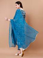 Embroidered Angrakha Style Printed & Flared Anarkali Kurta With Pant & Dupatta Set, Multicolor - Hiral Fashion | Grocsy