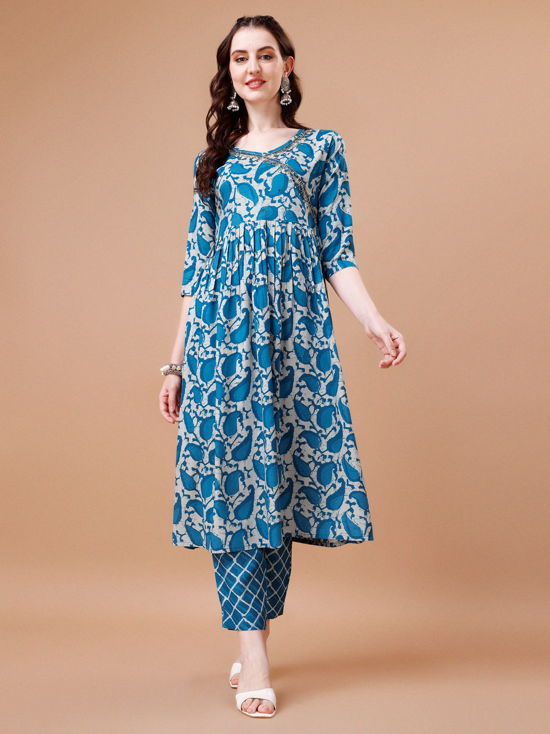 Embroidered Angrakha Style Printed & Flared Anarkali Kurta With Pant & Dupatta Set, Multicolor - Hiral Fashion | Grocsy