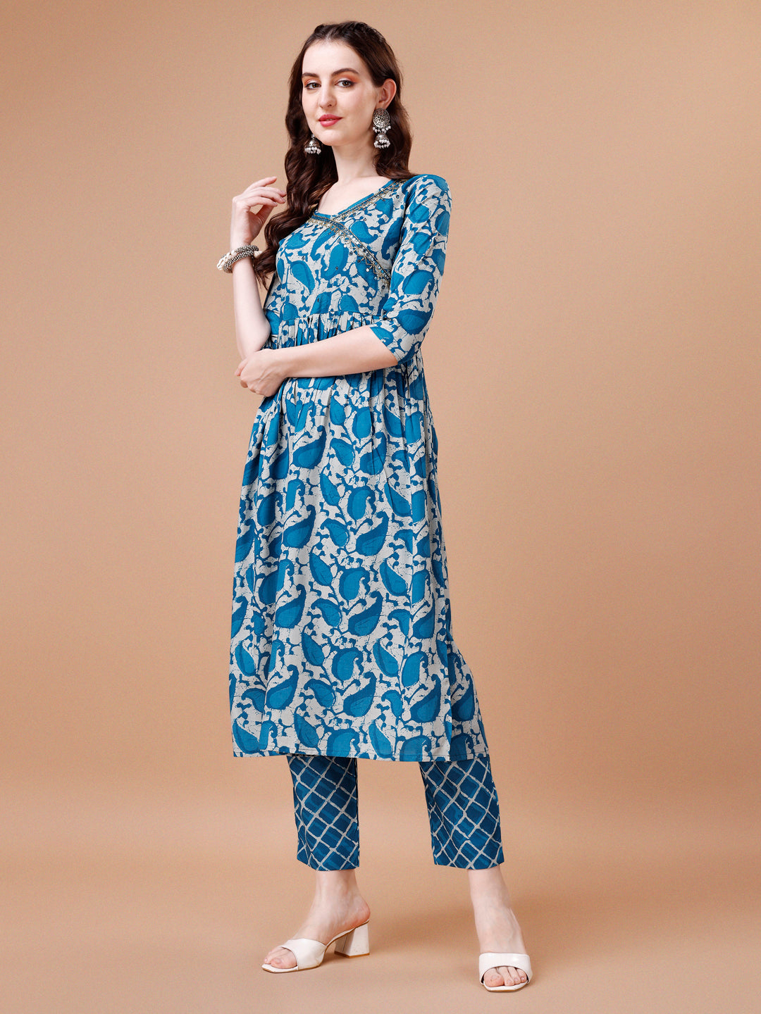 Embroidered Angrakha Style Printed & Flared Anarkali Kurta With Pant & Dupatta Set, Multicolor - Hiral Fashion | Grocsy