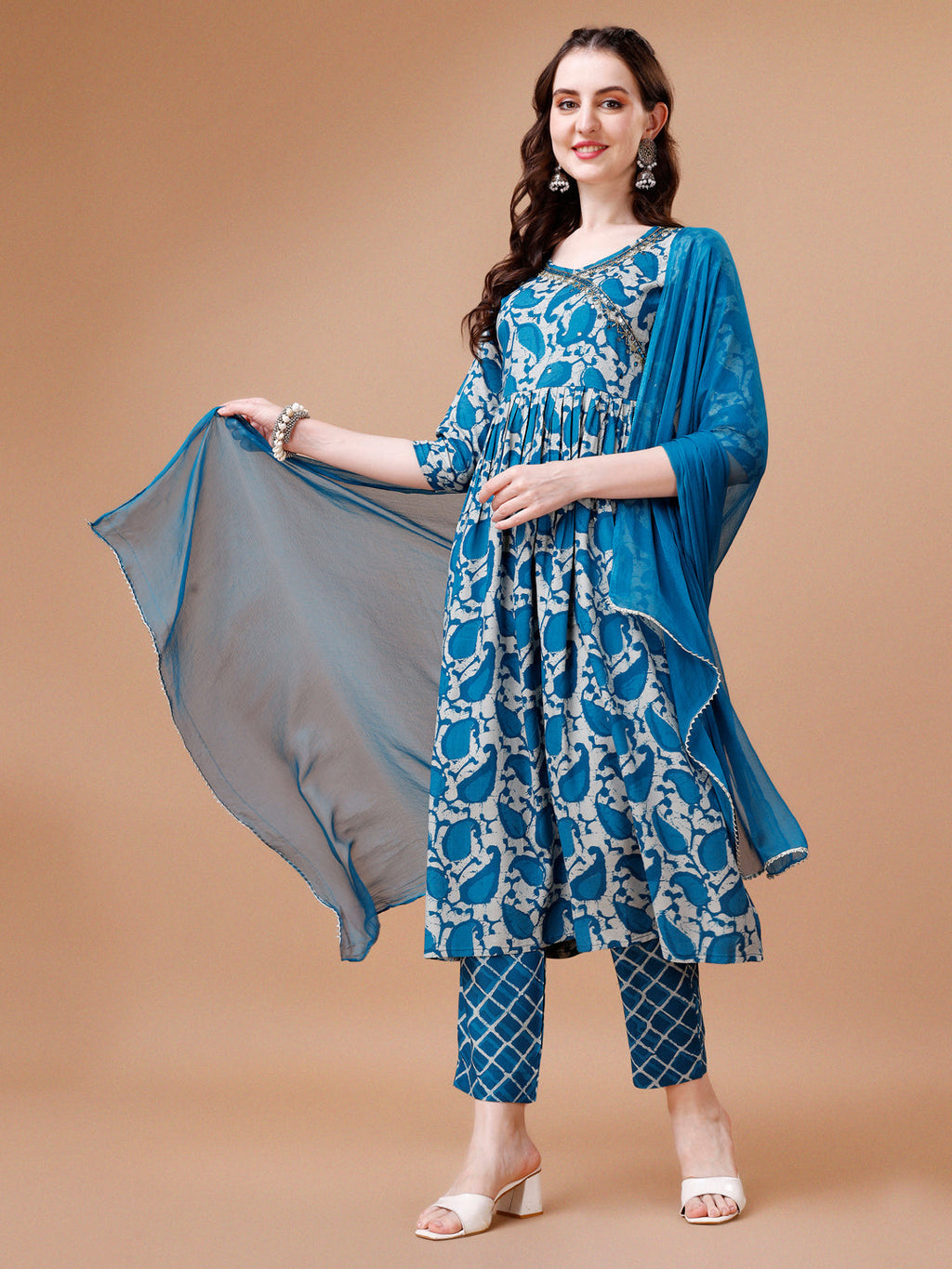 Embroidered Angrakha Style Printed & Flared Anarkali Kurta With Pant & Dupatta Set, Multicolor - Hiral Fashion | Grocsy