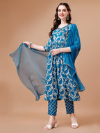 Embroidered Angrakha Style Printed & Flared Anarkali Kurta With Pant & Dupatta Set, Multicolor - Hiral Fashion | Grocsy