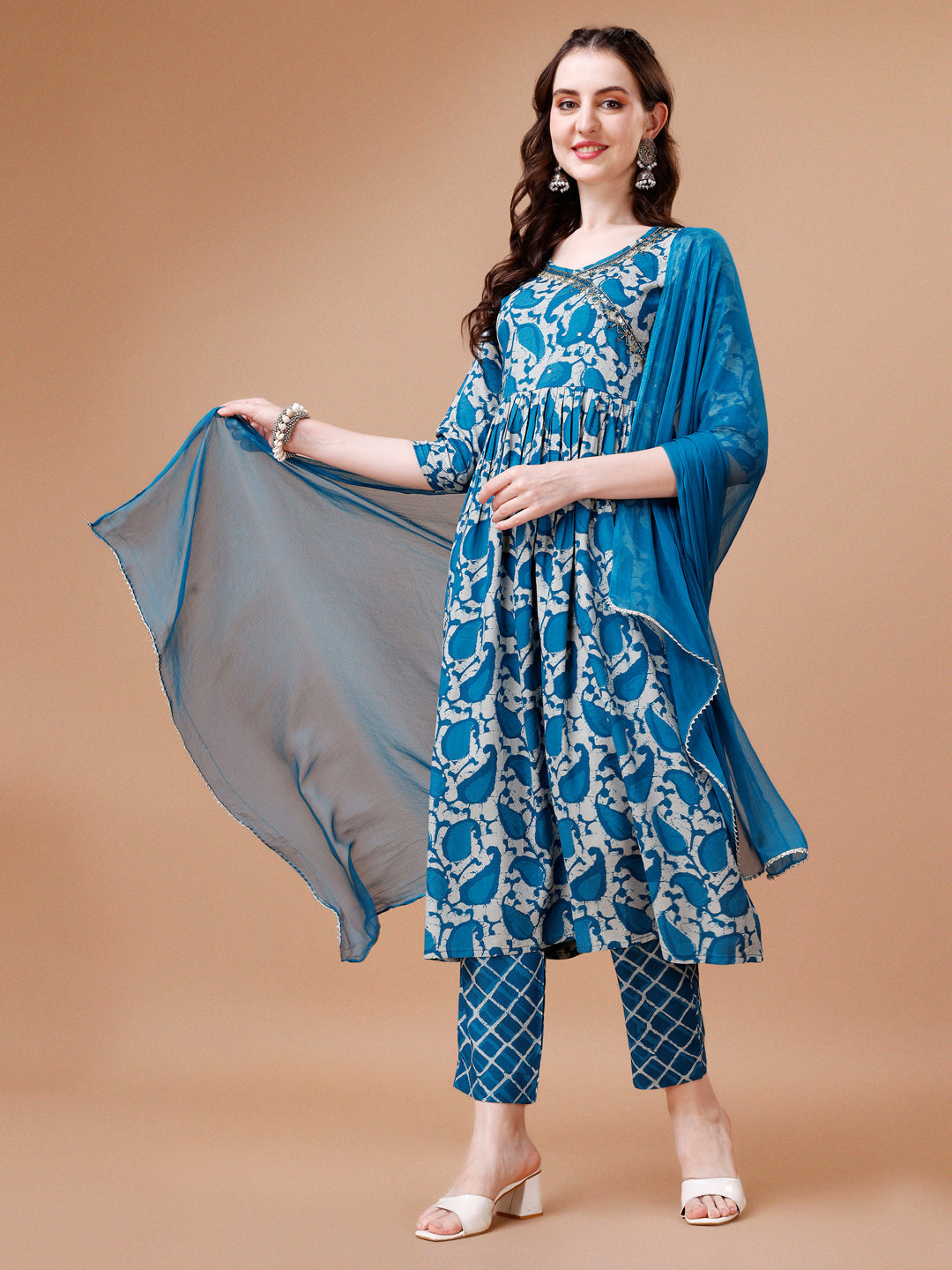 Embroidered Angrakha Style Printed & Flared Anarkali Kurta With Pant & Dupatta Set, Multicolor - Hiral Fashion | Grocsy