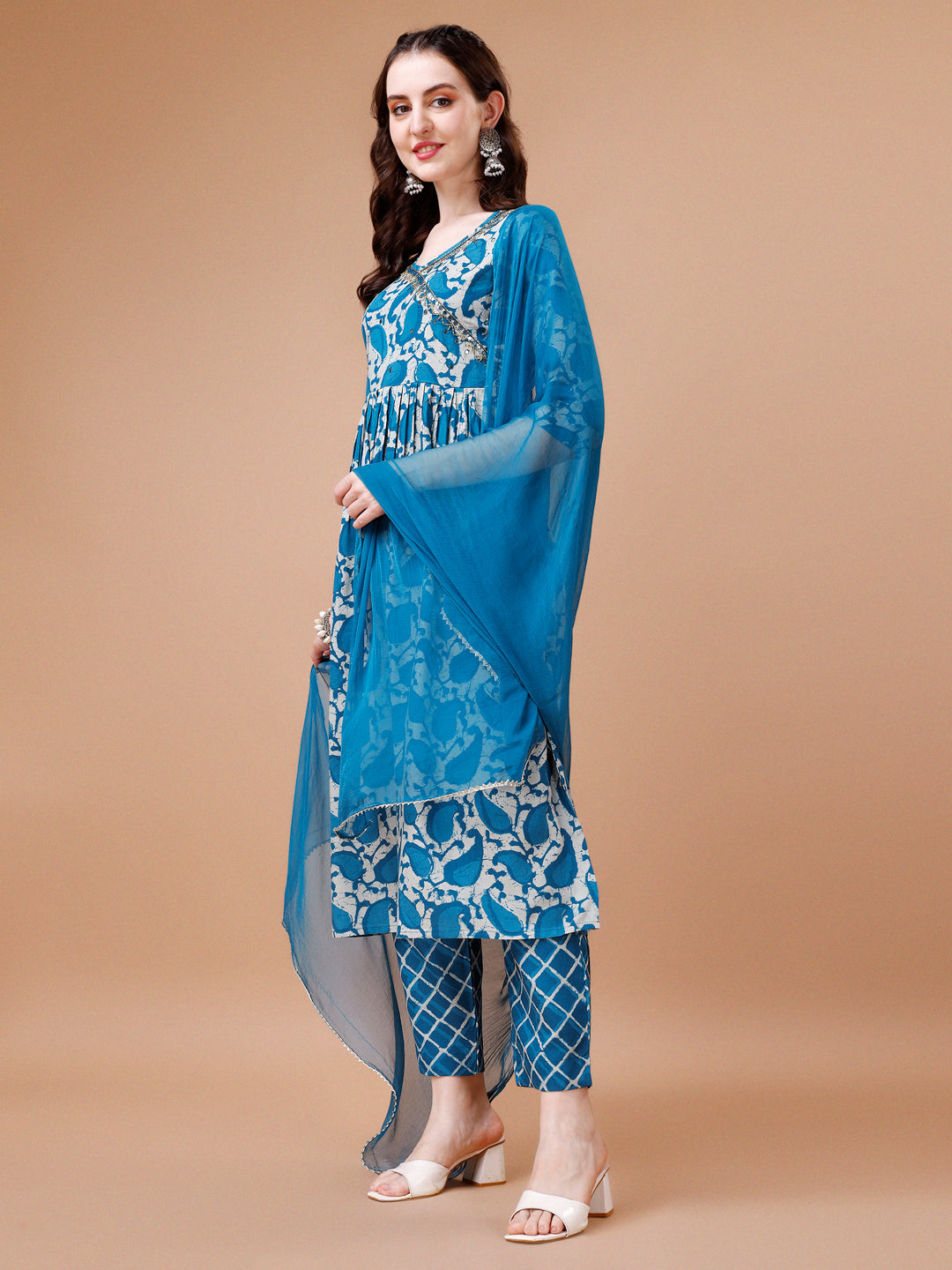 Embroidered Angrakha Style Printed & Flared Anarkali Kurta With Pant & Dupatta Set, Multicolor - Hiral Fashion | Grocsy