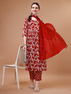 Embroidered Angrakha Style Printed & Flared Anarkali Kurta With Pant & Dupatta Set, Multicolor - Hiral Fashion | Grocsy