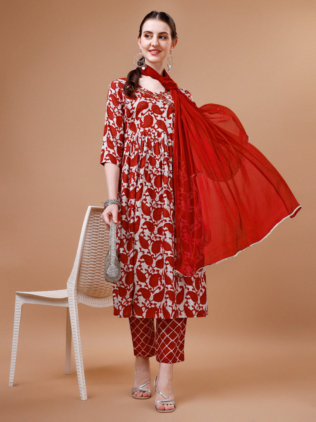 Embroidered Angrakha Style Printed & Flared Anarkali Kurta With Pant & Dupatta Set, Multicolor - Hiral Fashion | Grocsy