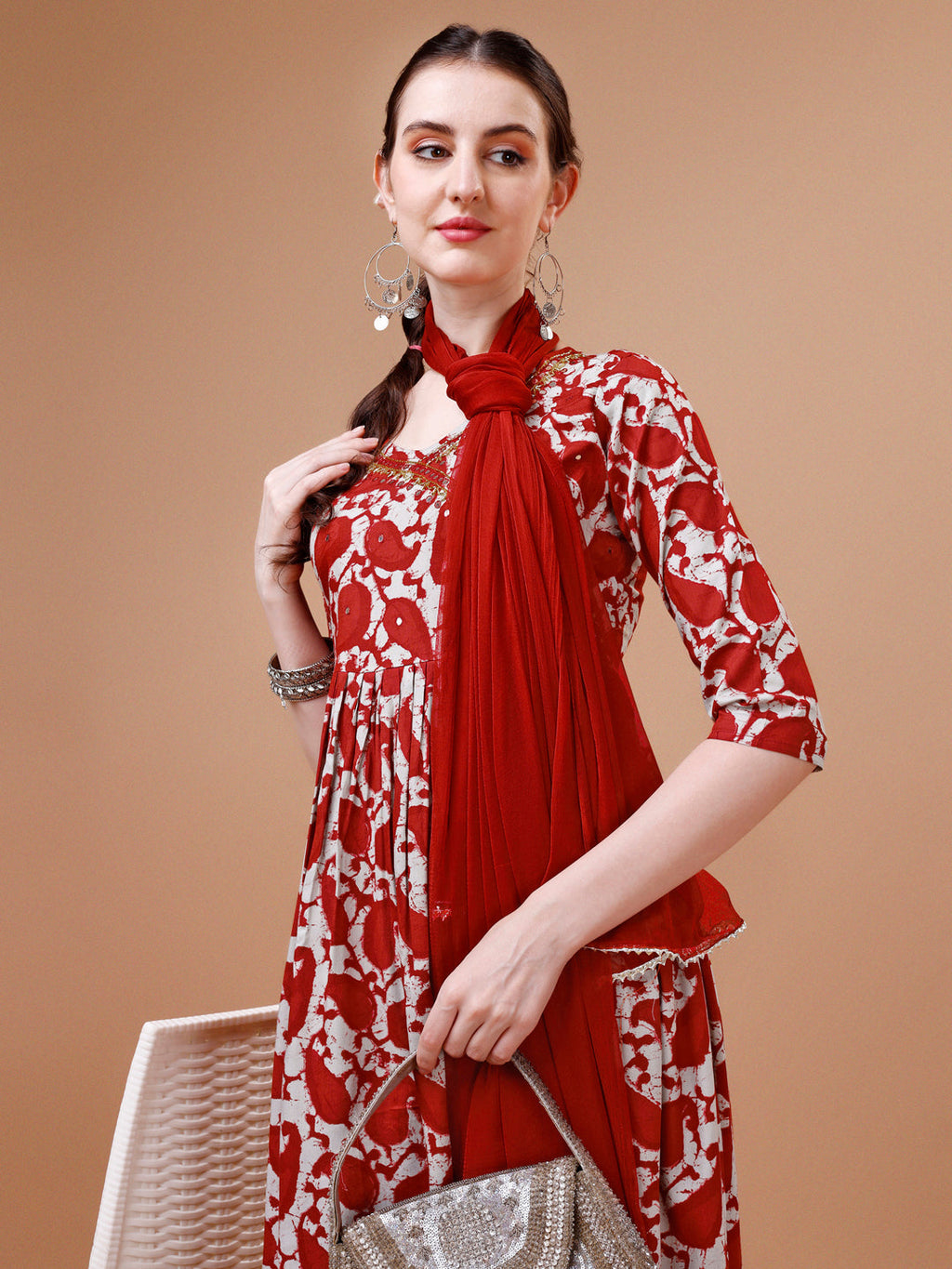 Embroidered Angrakha Style Printed & Flared Anarkali Kurta With Pant & Dupatta Set, Multicolor - Hiral Fashion | Grocsy