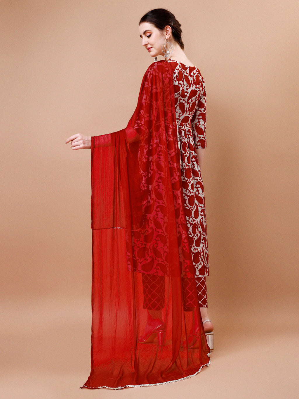 Embroidered Angrakha Style Printed & Flared Anarkali Kurta With Pant & Dupatta Set, Multicolor - Hiral Fashion | Grocsy