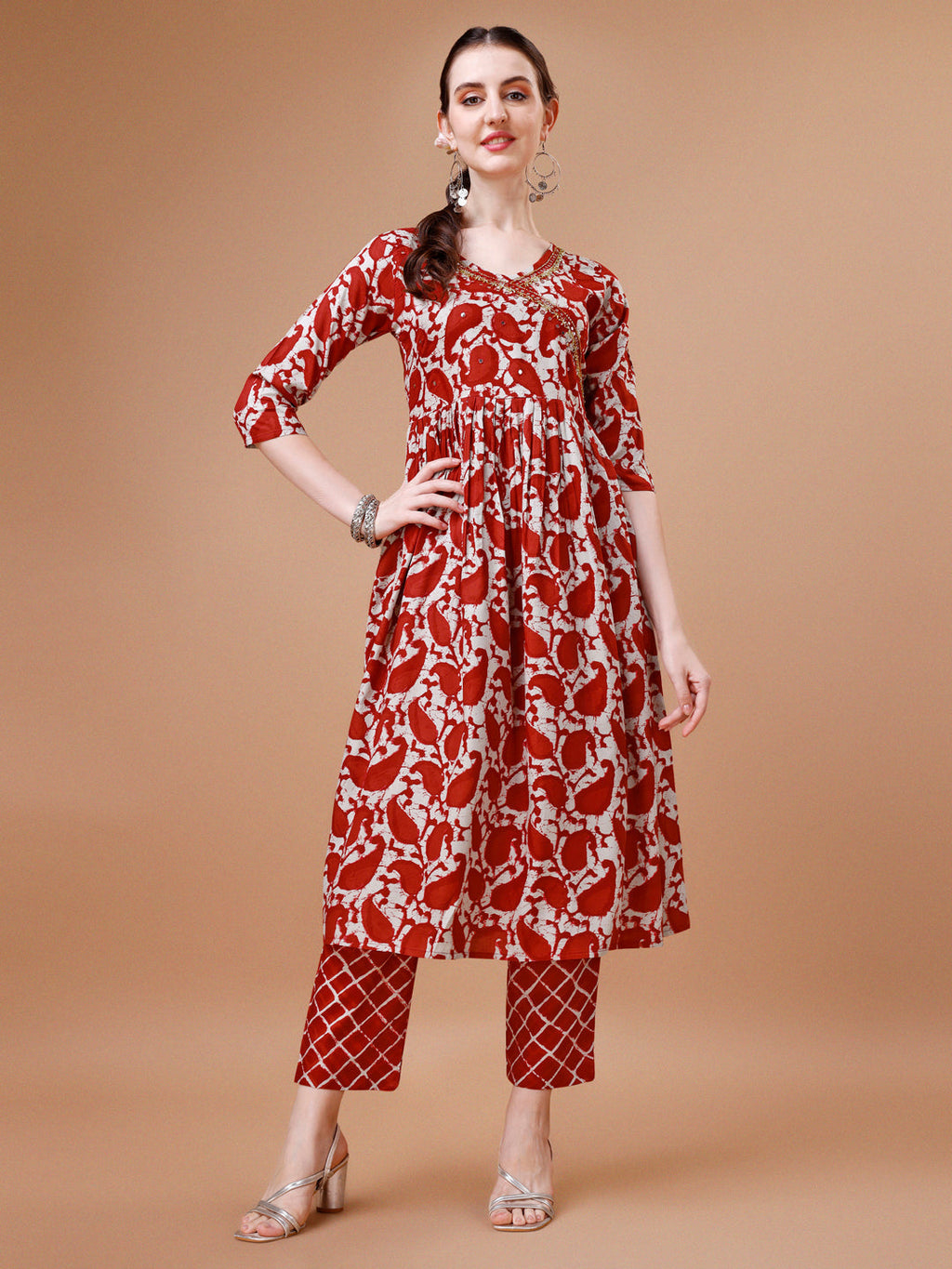 Embroidered Angrakha Style Printed & Flared Anarkali Kurta With Pant & Dupatta Set, Multicolor - Hiral Fashion | Grocsy