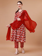 Embroidered Angrakha Style Printed & Flared Anarkali Kurta With Pant & Dupatta Set, Multicolor - Hiral Fashion | Grocsy