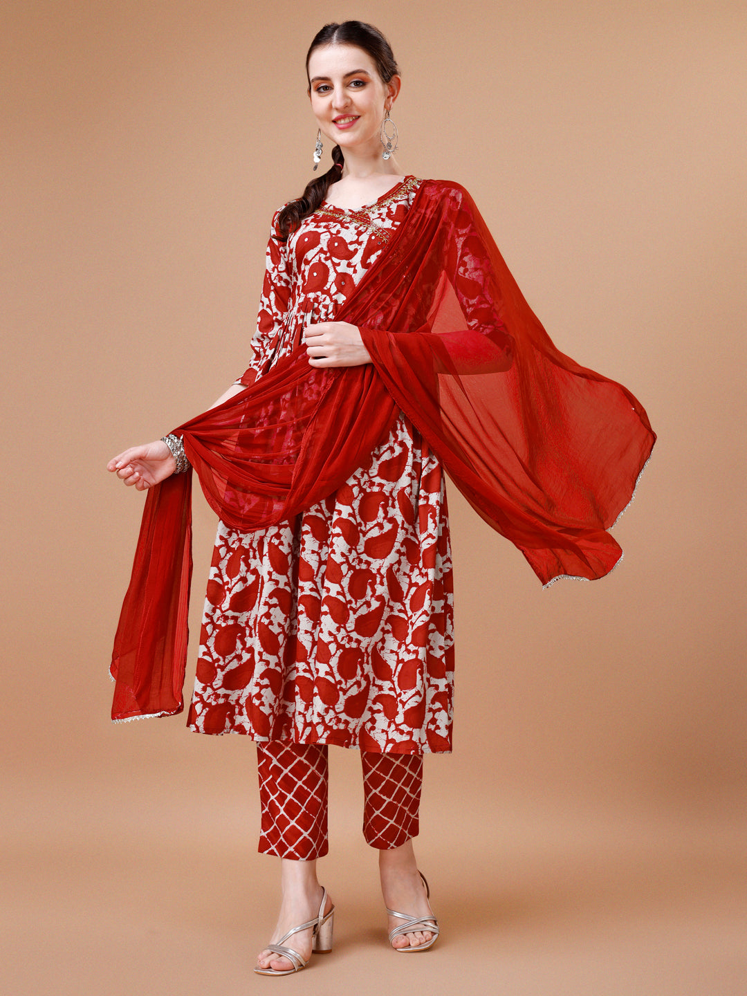 Embroidered Angrakha Style Printed & Flared Anarkali Kurta With Pant & Dupatta Set, Multicolor - Hiral Fashion | Grocsy