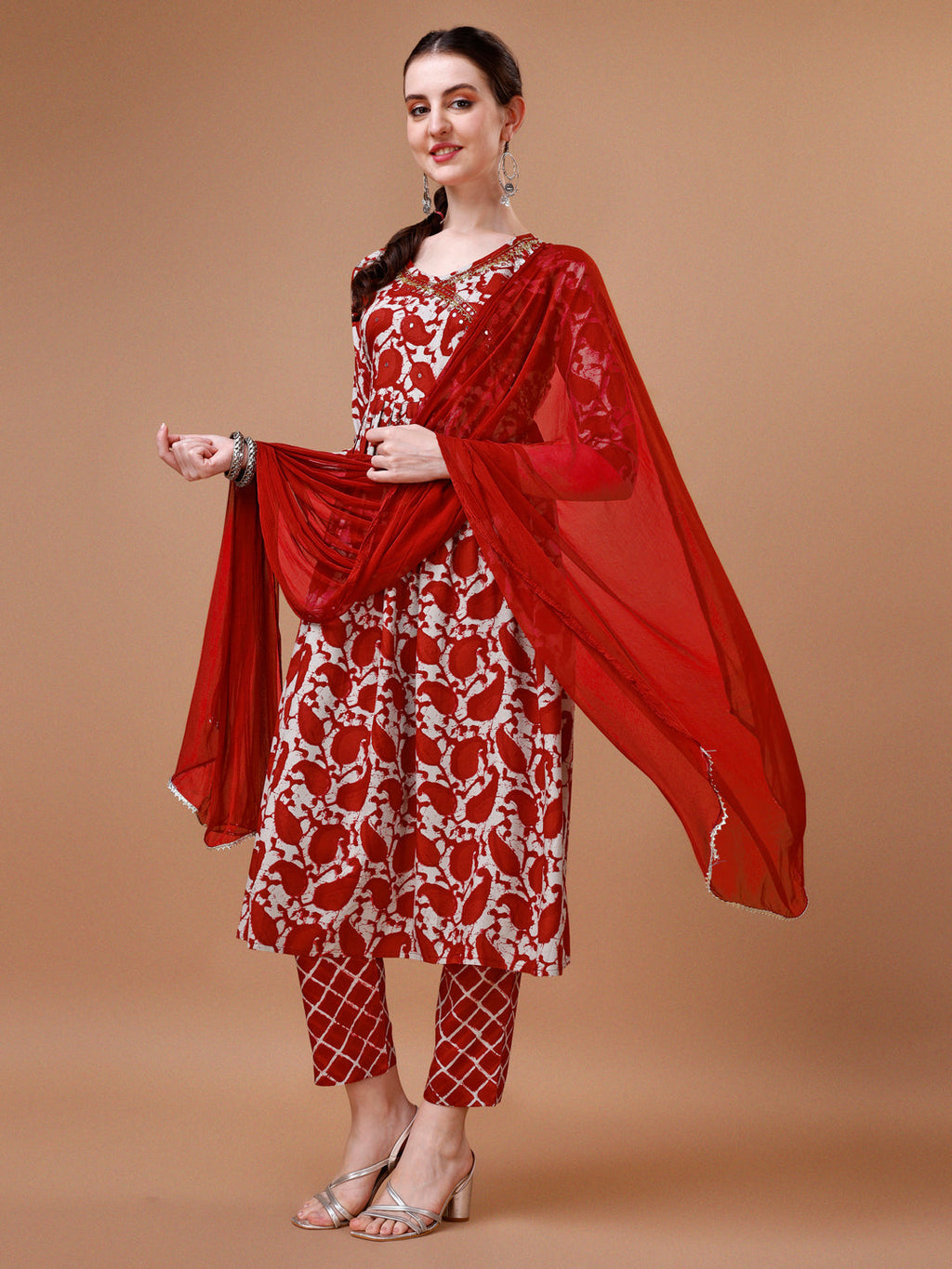 Embroidered Angrakha Style Printed & Flared Anarkali Kurta With Pant & Dupatta Set, Multicolor - Hiral Fashion | Grocsy