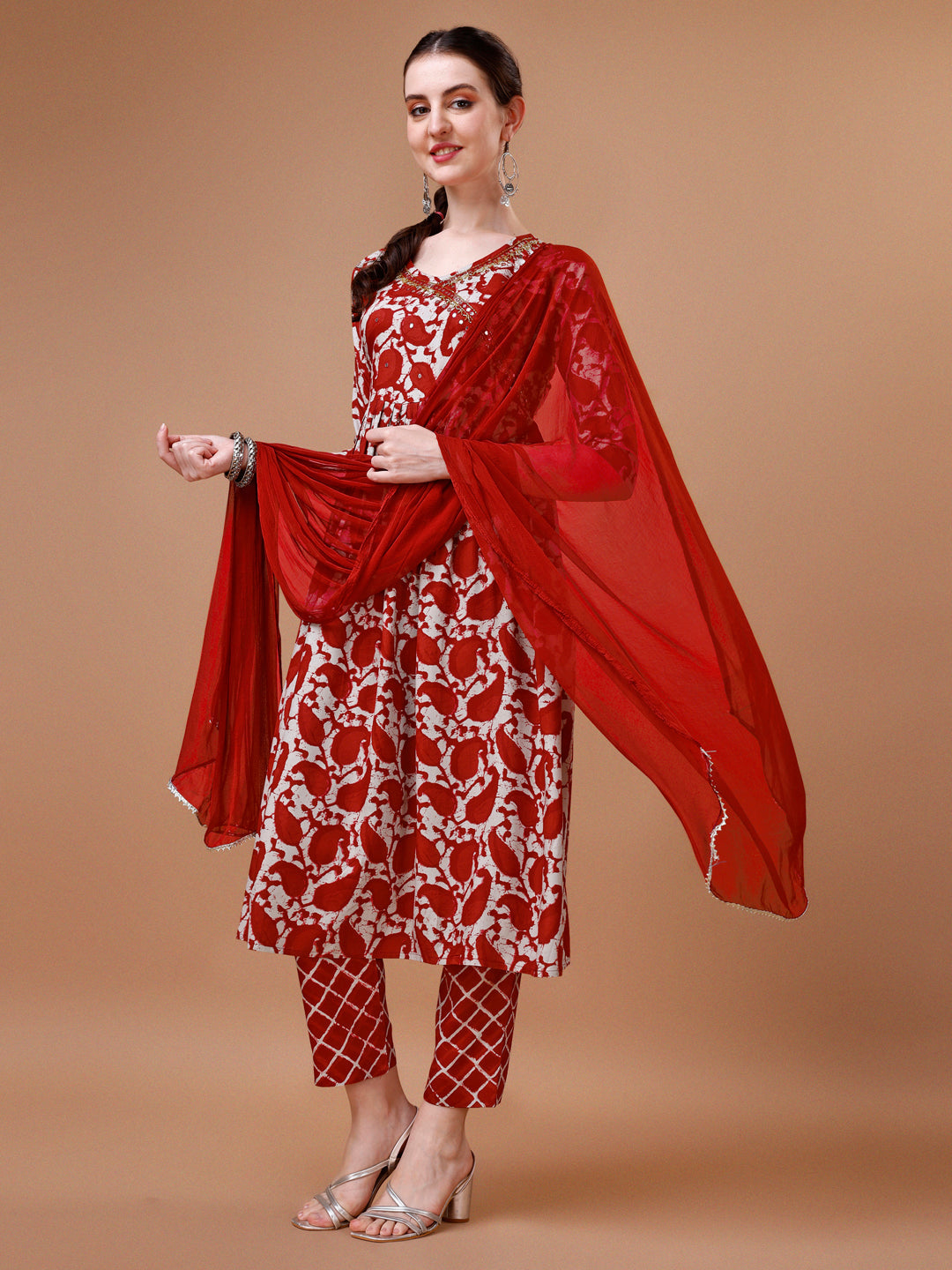 Embroidered Angrakha Style Printed & Flared Anarkali Kurta With Pant & Dupatta Set, Multicolor - Hiral Fashion | Grocsy