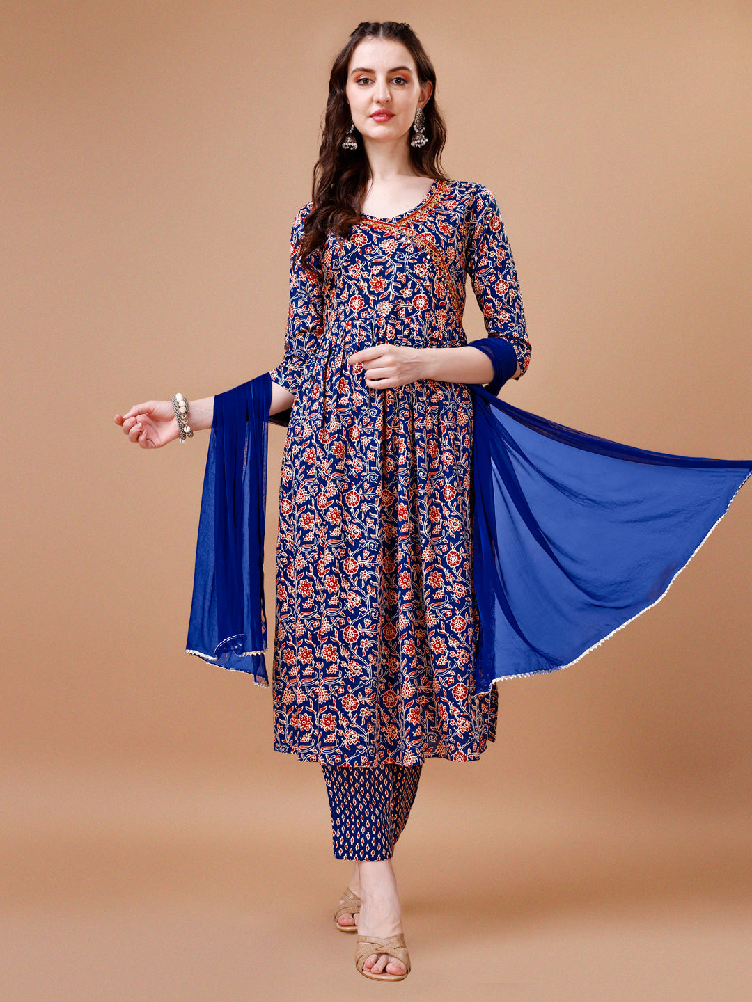 Mirror Embroidered Angrakha Style Printed & Flared Anarkali Kurta With Pant & Dupatta Set, Multicolor - Hiral Fashion | Grocsy