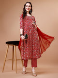 Mirror Embroidered Angrakha Style Printed & Flared Anarkali Kurta With Pant & Dupatta Set, Multicolor - Hiral Fashion | Grocsy
