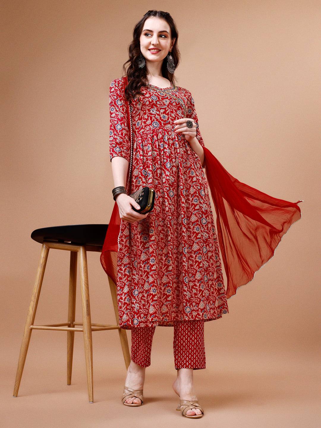 Mirror Embroidered Angrakha Style Printed & Flared Anarkali Kurta With Pant & Dupatta Set, Multicolor - Hiral Fashion | Grocsy